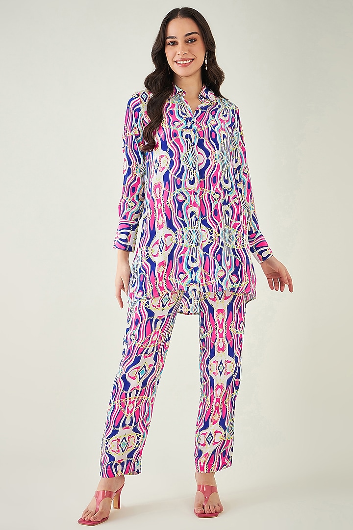 Blue & Pink Viscose Crepe Digital Marine Wave Printed Co-Ord Set by First Resort by Ramola Bachchan at Pernia's Pop Up Shop