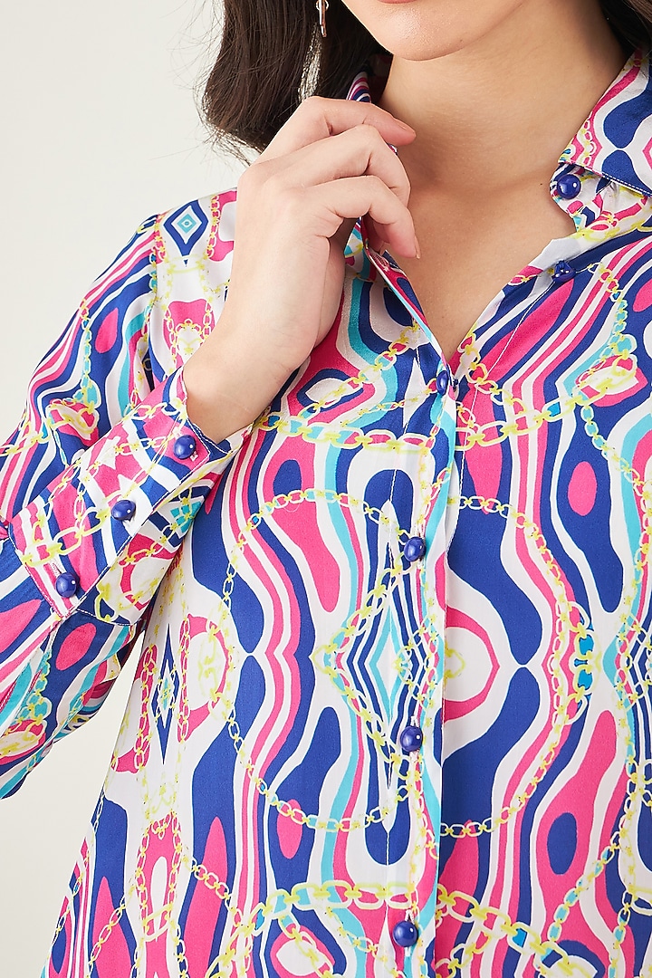 Blue & Pink Viscose Crepe Digital Marine Wave Printed Co-Ord Set by First Resort by Ramola Bachchan at Pernia's Pop Up Shop