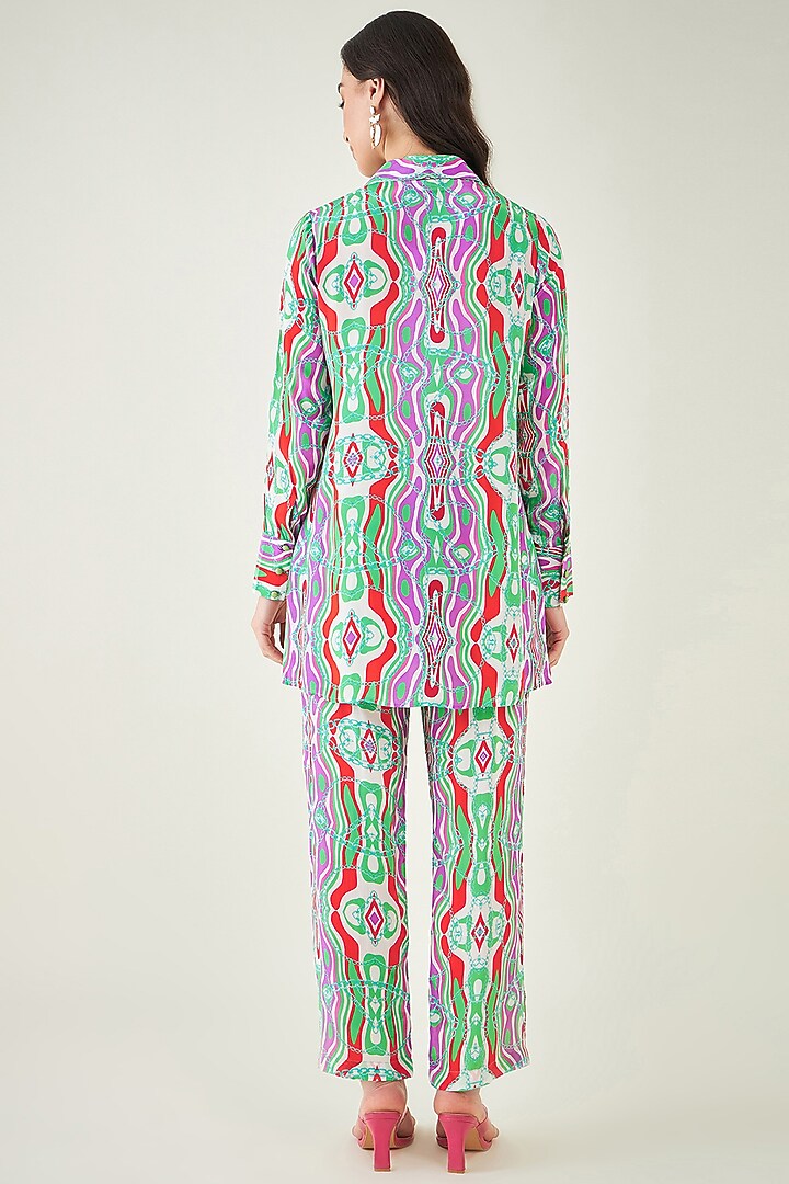 Green & Orange Viscose Crepe Digital Marine Wave Printed Co-Ord Set by First Resort by Ramola Bachchan at Pernia's Pop Up Shop