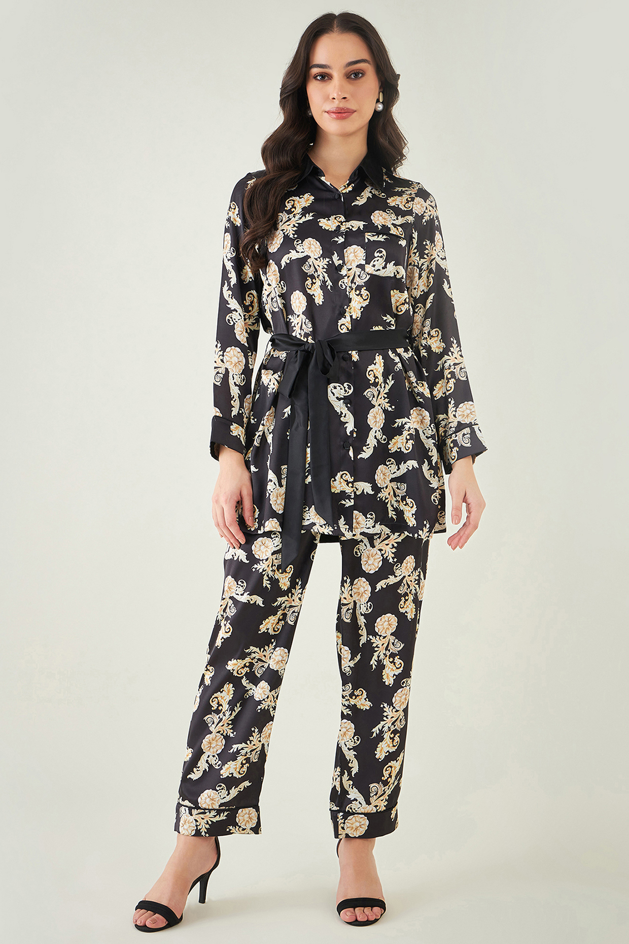 Black Polyester Satin Digital Baroque Printed Co-Ord Set by First Resort by Ramola Bachchan at Pernia's Pop Up Shop