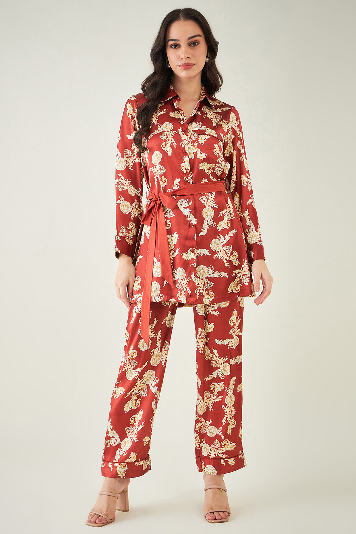 Red Polyester Satin Digital Baroque Printed Co-Ord Set by First Resort by Ramola Bachchan at Pernia's Pop Up Shop
