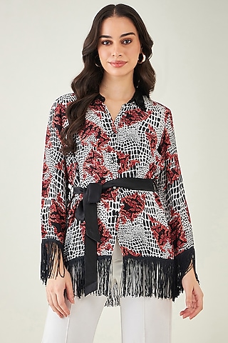 Red Viscose Crepe Baroque Animal Printed Shirt by First Resort by Ramola Bachchan
