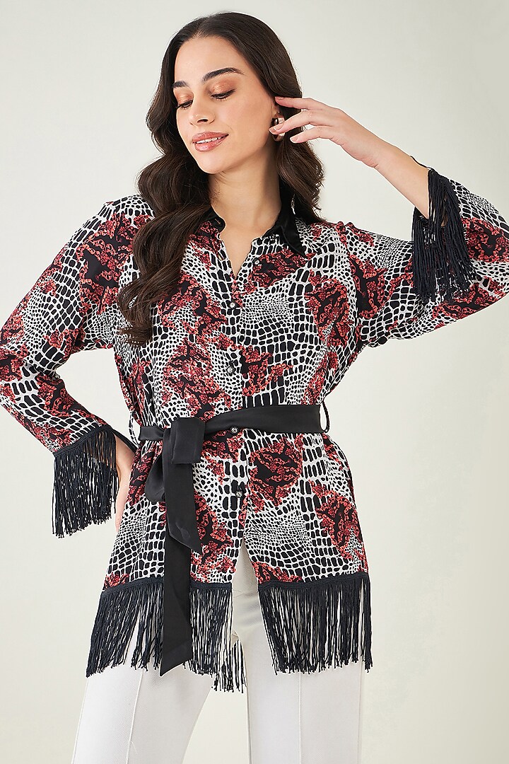 Red Viscose Crepe Baroque Animal Printed Shirt by First Resort by Ramola Bachchan at Pernia's Pop Up Shop