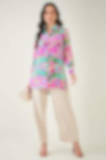 Pink & Green Viscose Crepe Digital Marine Wave Printed Shirt by First Resort by Ramola Bachchan at Pernia's Pop Up Shop