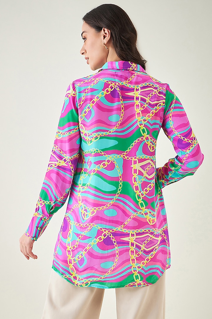 Pink & Green Viscose Crepe Digital Marine Wave Printed Shirt by First Resort by Ramola Bachchan at Pernia's Pop Up Shop