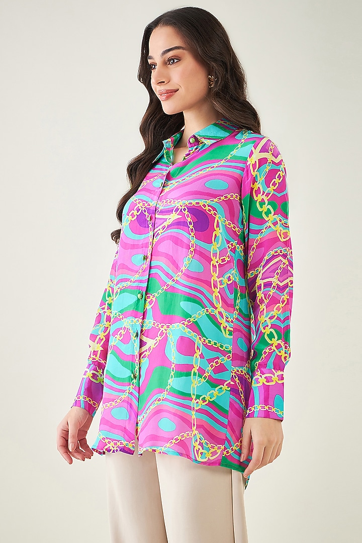 Pink & Green Viscose Crepe Digital Marine Wave Printed Shirt by First Resort by Ramola Bachchan at Pernia's Pop Up Shop
