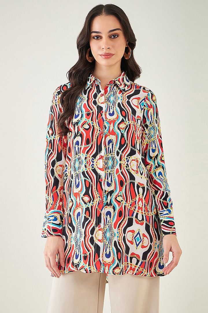 Black & Red Viscose Crepe Digital Marine Wave Printed Shirt by First Resort by Ramola Bachchan at Pernia's Pop Up Shop