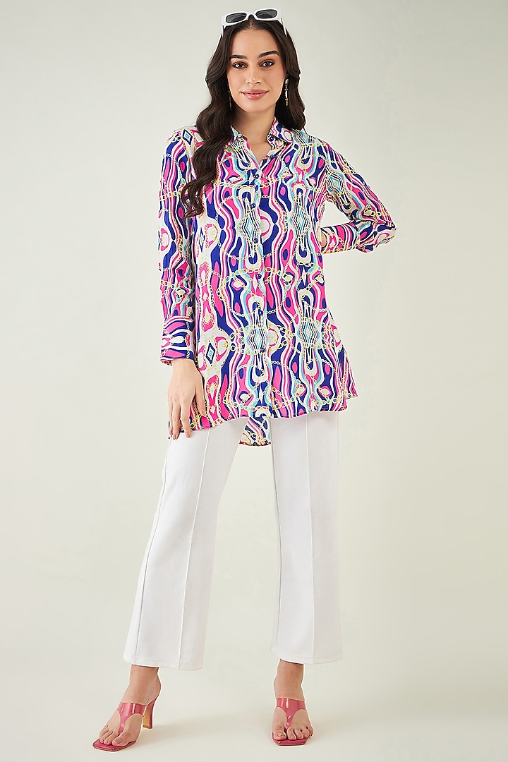 Blue & Pink Viscose Crepe Digital Marine Wave Printed Shirt by First Resort by Ramola Bachchan at Pernia's Pop Up Shop