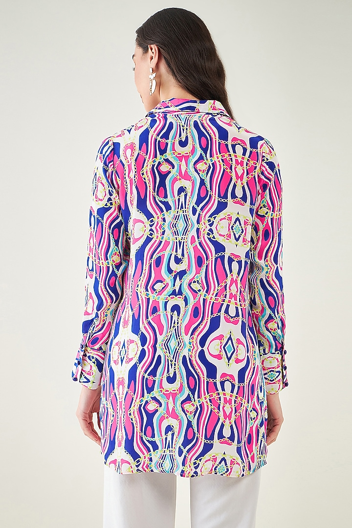 Blue & Pink Viscose Crepe Digital Marine Wave Printed Shirt by First Resort by Ramola Bachchan at Pernia's Pop Up Shop