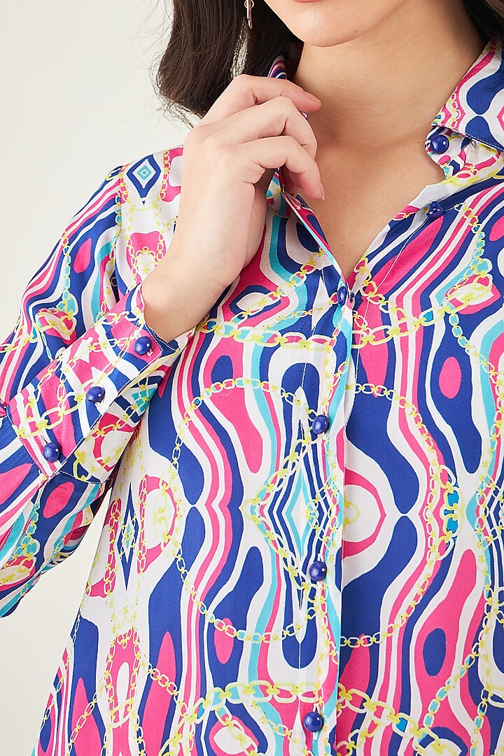 Blue & Pink Viscose Crepe Digital Marine Wave Printed Shirt by First Resort by Ramola Bachchan at Pernia's Pop Up Shop