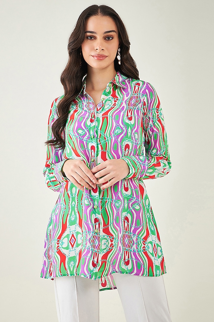 Green & Orange Viscose Crepe Digital Marine Wave Printed Shirt by First Resort by Ramola Bachchan at Pernia's Pop Up Shop