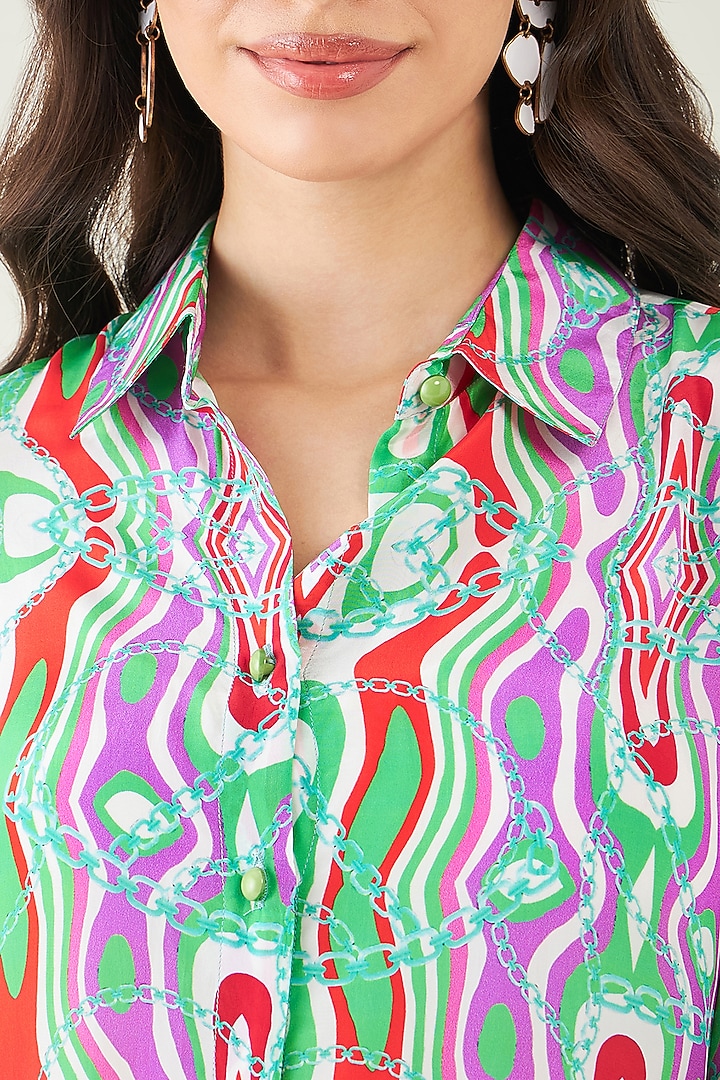 Green & Orange Viscose Crepe Digital Marine Wave Printed Shirt by First Resort by Ramola Bachchan at Pernia's Pop Up Shop