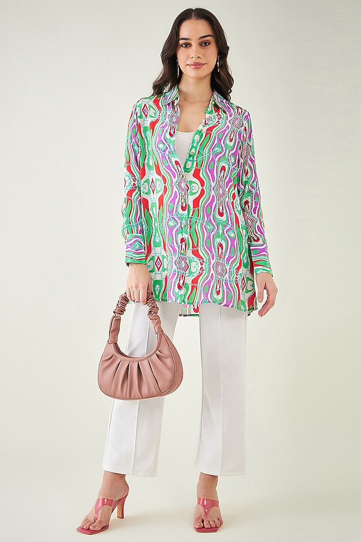 Green & Orange Viscose Crepe Digital Marine Wave Printed Shirt by First Resort by Ramola Bachchan at Pernia's Pop Up Shop