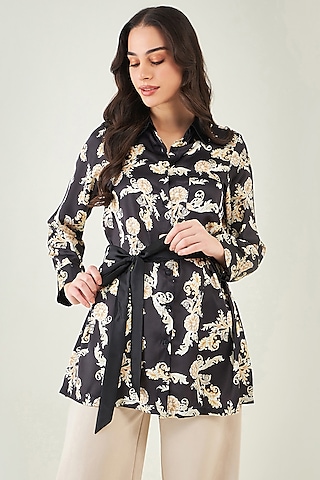 Black Polyester Satin Digital Baroque Printed Shirt by First Resort by Ramola Bachchan