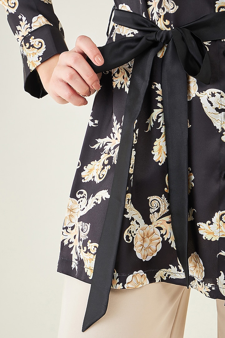 Black Polyester Satin Digital Baroque Printed Shirt by First Resort by Ramola Bachchan at Pernia's Pop Up Shop