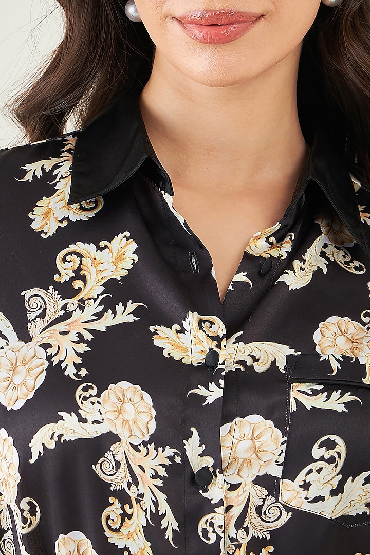 Black Polyester Satin Digital Baroque Printed Shirt by First Resort by Ramola Bachchan at Pernia's Pop Up Shop