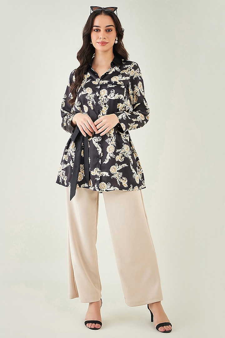 Black Polyester Satin Digital Baroque Printed Shirt by First Resort by Ramola Bachchan at Pernia's Pop Up Shop
