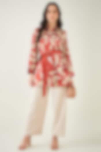 Red Polyester Satin Digital Baroque Printed Shirt by First Resort by Ramola Bachchan