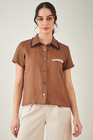 Brown Viscose Linen Shirt by First Resort by Ramola Bachchan
