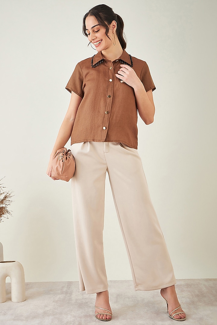 Brown Viscose Linen Shirt by First Resort by Ramola Bachchan at Pernia's Pop Up Shop