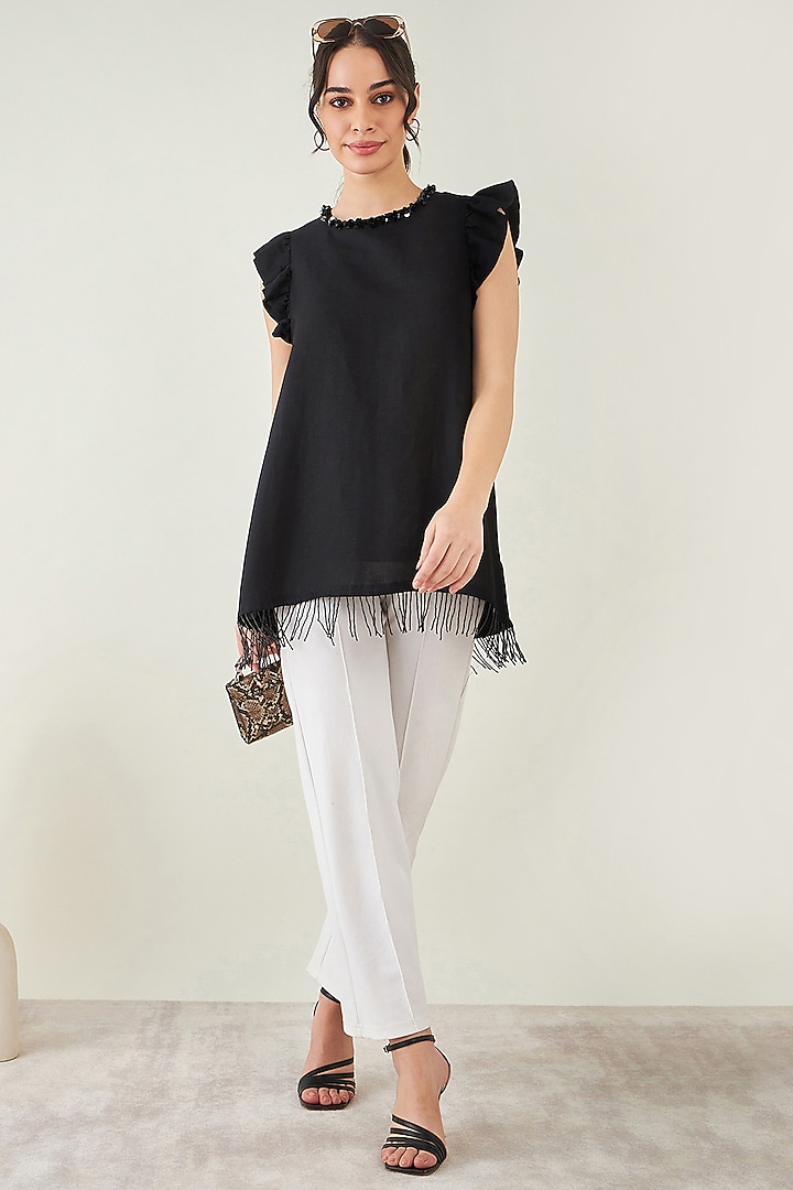 Black Viscose Linen Beaded Fringe Lace Top by First Resort by Ramola Bachchan at Pernia's Pop Up Shop