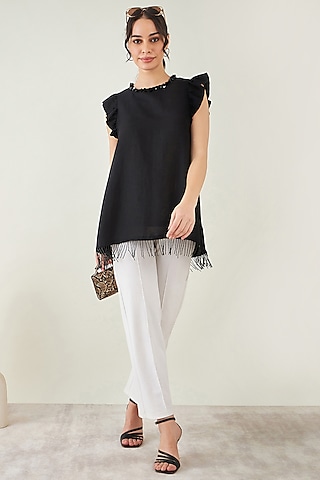 Black Viscose Linen Beaded Fringe Lace Top by First Resort by Ramola Bachchan
