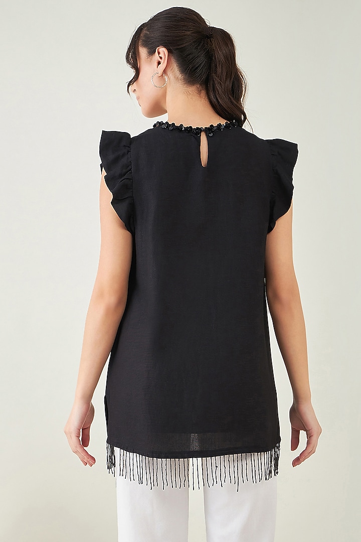 Black Viscose Linen Beaded Fringe Lace Top by First Resort by Ramola Bachchan at Pernia's Pop Up Shop
