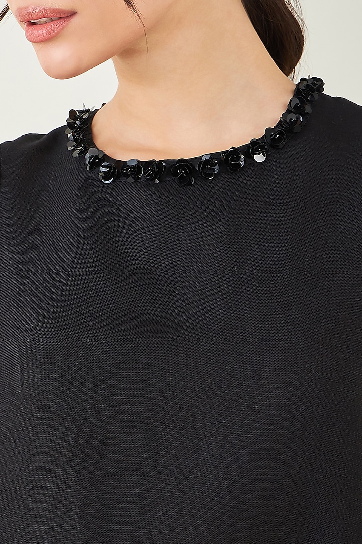 Black Viscose Linen Beaded Fringe Lace Top by First Resort by Ramola Bachchan at Pernia's Pop Up Shop