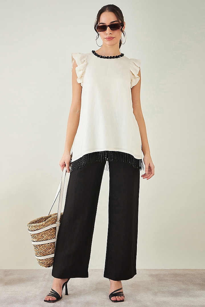 Off-White Viscose Linen Beaded Fringe Lace Top by First Resort by Ramola Bachchan at Pernia's Pop Up Shop