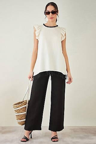 Off-White Viscose Linen Beaded Fringe Lace Top by First Resort by Ramola Bachchan