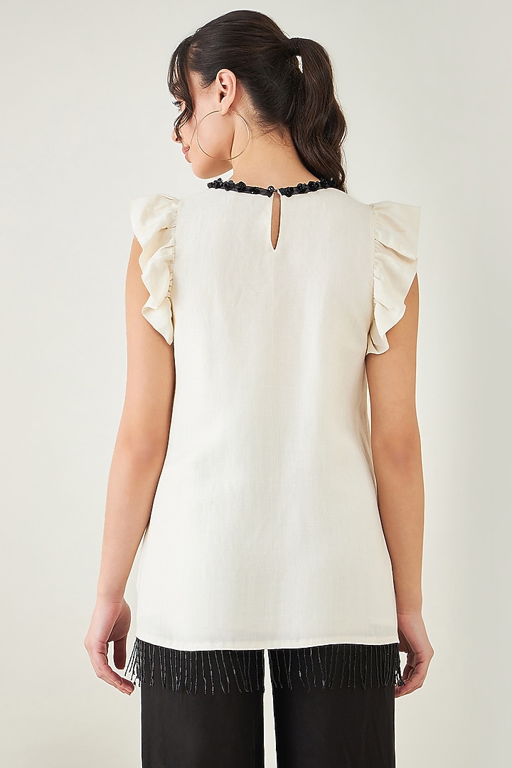 Off-White Viscose Linen Beaded Fringe Lace Top by First Resort by Ramola Bachchan at Pernia's Pop Up Shop
