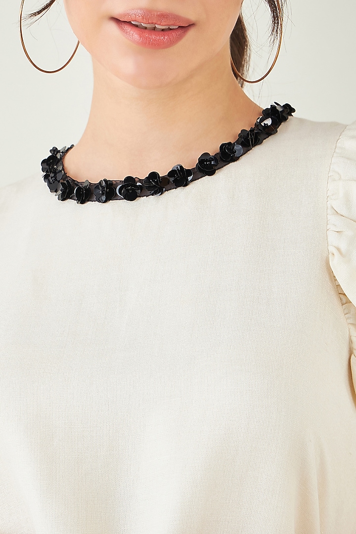 Off-White Viscose Linen Beaded Fringe Lace Top by First Resort by Ramola Bachchan at Pernia's Pop Up Shop
