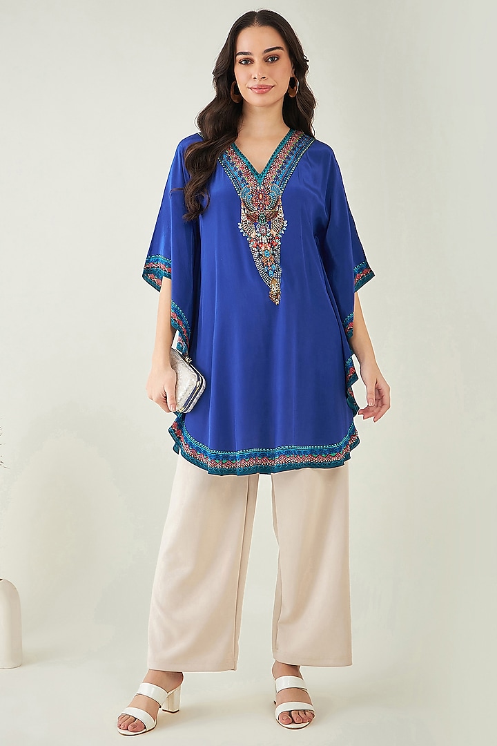 Blue Viscose Crepe Crystal Embellished Tunic by First Resort by Ramola Bachchan