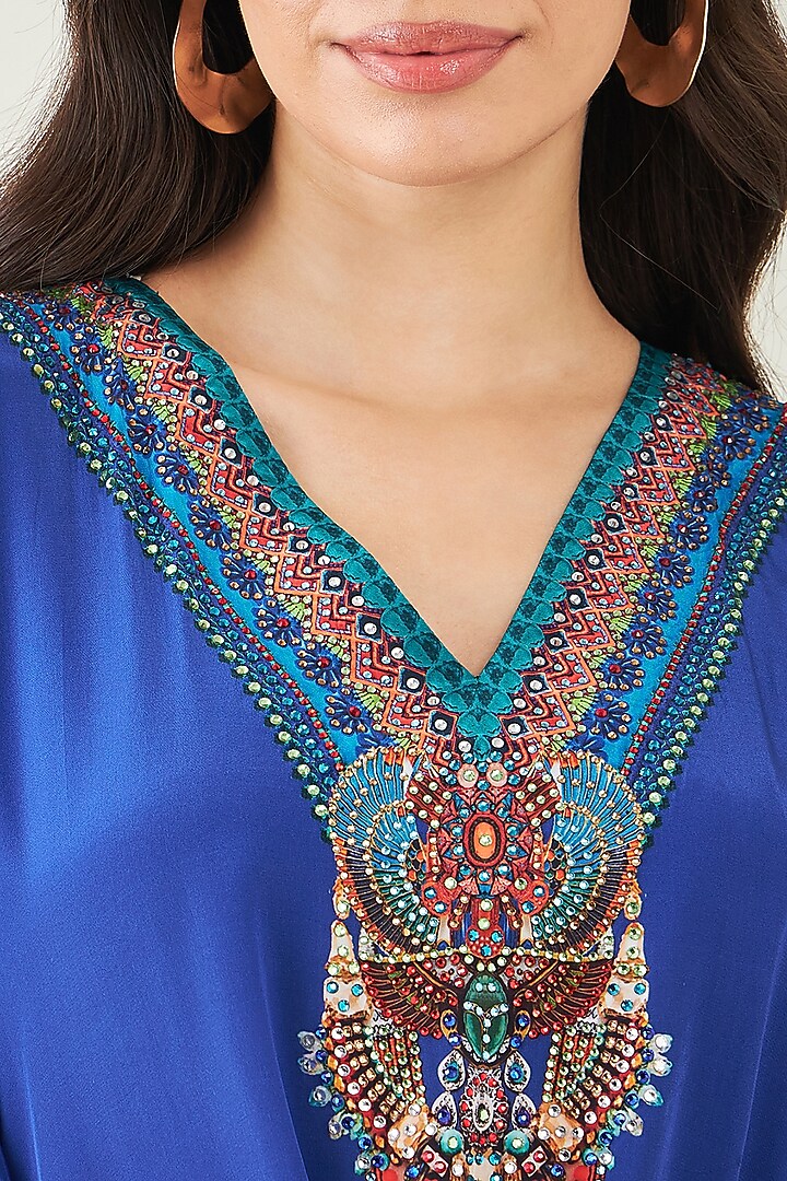 Blue Viscose Crepe Crystal Embellished Tunic by First Resort by Ramola Bachchan at Pernia's Pop Up Shop