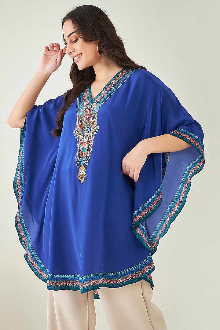 Blue Viscose Crepe Crystal Embellished Tunic by First Resort by Ramola Bachchan at Pernia's Pop Up Shop