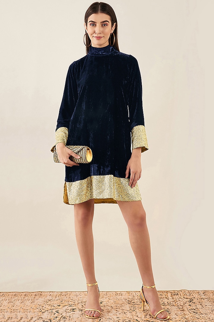 Blue Silk Velvet Sequins Summer Dress by First Resort by Ramola Bachchan at Pernia's Pop Up Shop