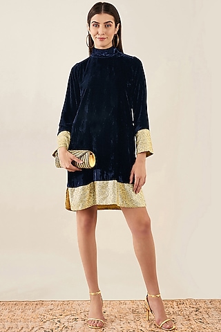 Blue Silk Velvet Sequins Dress by First Resort by Ramola Bachchan