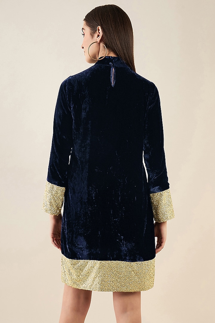 Blue Silk Velvet Sequins Summer Dress by First Resort by Ramola Bachchan at Pernia's Pop Up Shop