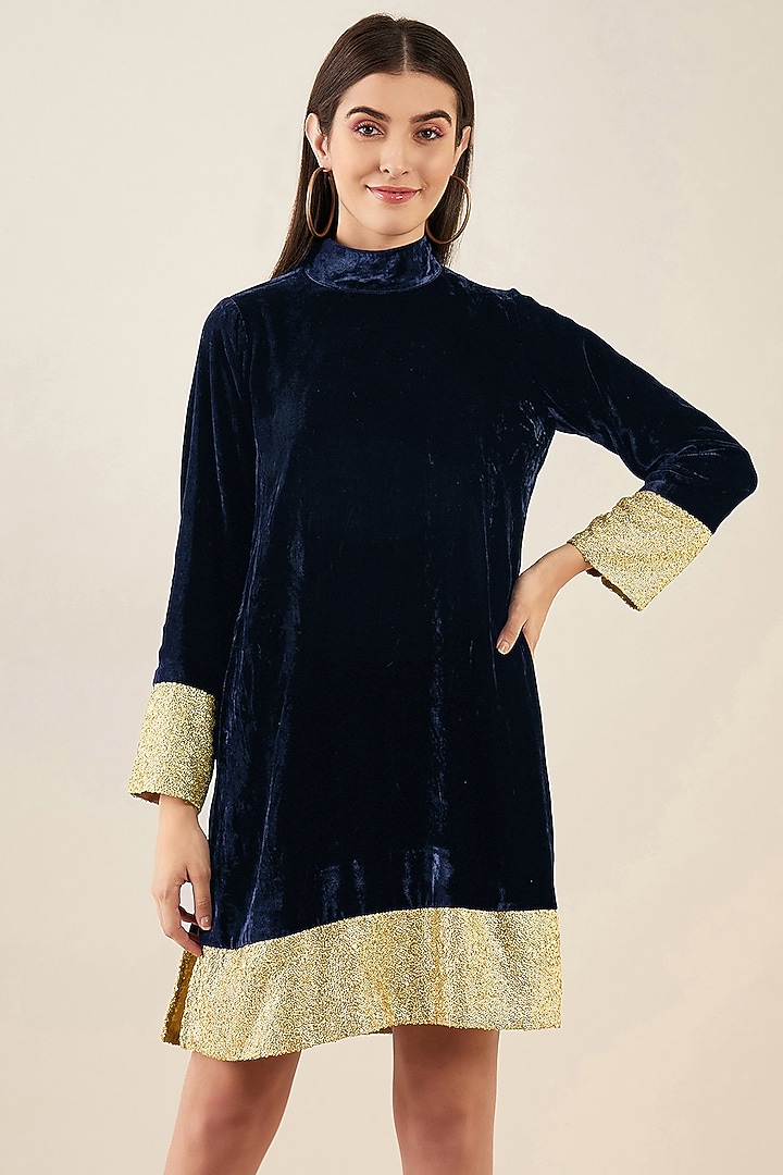 Blue Silk Velvet Sequins Summer Dress by First Resort by Ramola Bachchan at Pernia's Pop Up Shop
