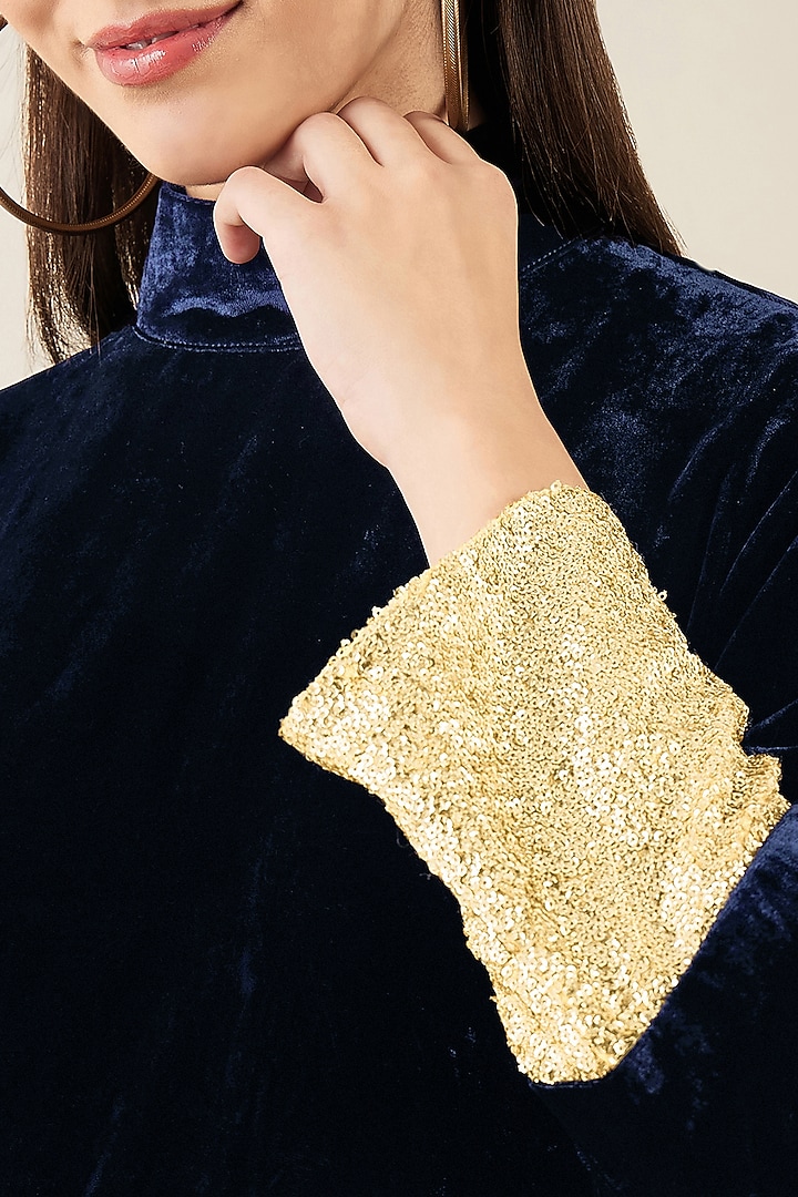 Blue Silk Velvet Sequins Summer Dress by First Resort by Ramola Bachchan at Pernia's Pop Up Shop