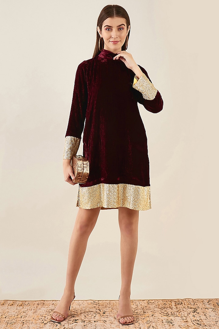 Maroon Silk Velvet Sequins Dress by First Resort by Ramola Bachchan