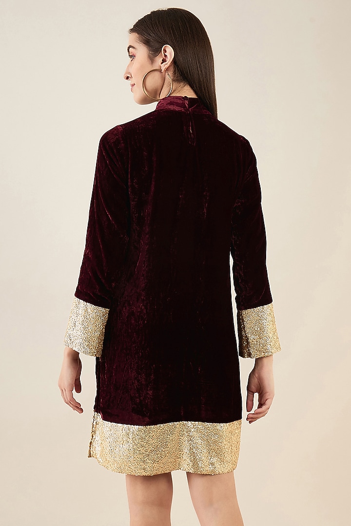 Maroon Silk Velvet Sequins Summer Dress by First Resort by Ramola Bachchan at Pernia's Pop Up Shop