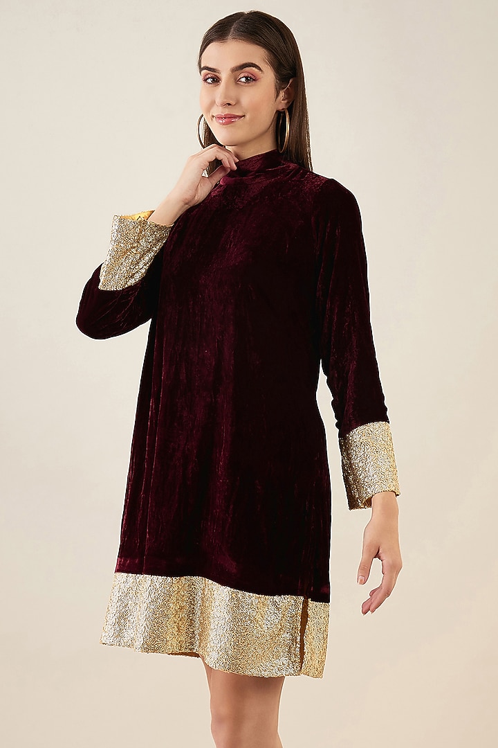 Maroon Silk Velvet Sequins Summer Dress by First Resort by Ramola Bachchan at Pernia's Pop Up Shop