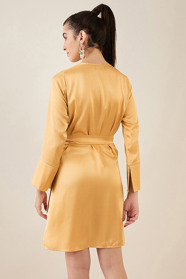 Gold Satin Crystal Embellished Wrap Mini Summer Dress by First Resort by Ramola Bachchan at Pernia's Pop Up Shop