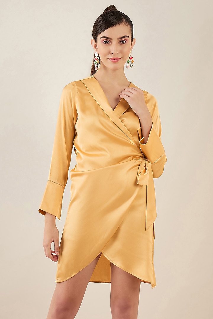 Gold Satin Crystal Embellished Wrap Mini Summer Dress by First Resort by Ramola Bachchan at Pernia's Pop Up Shop