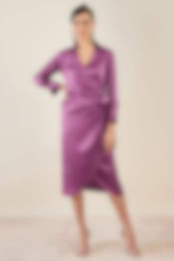 Purple Satin Crystal Embellished Wrap Midi Dress by First Resort by Ramola Bachchan at Pernia's Pop Up Shop