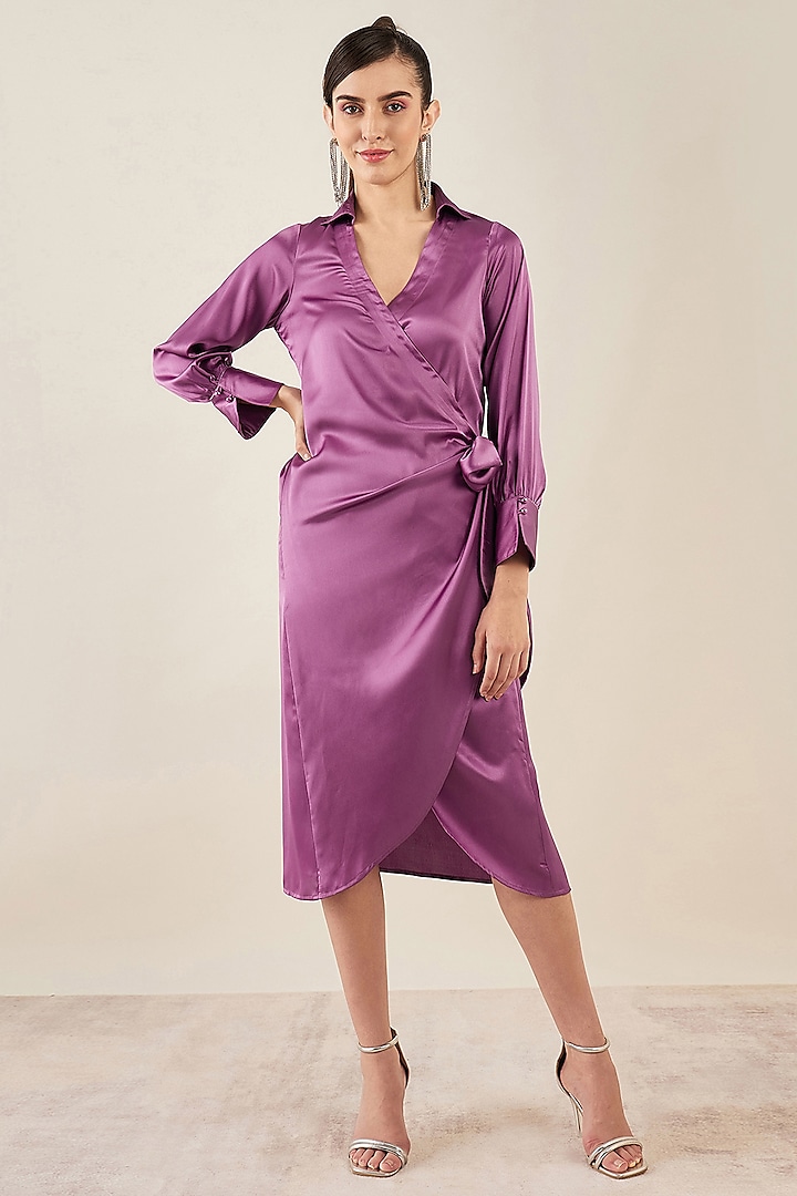 Purple Satin Crystal Embellished Wrap Midi Dress by First Resort by Ramola Bachchan at Pernia's Pop Up Shop