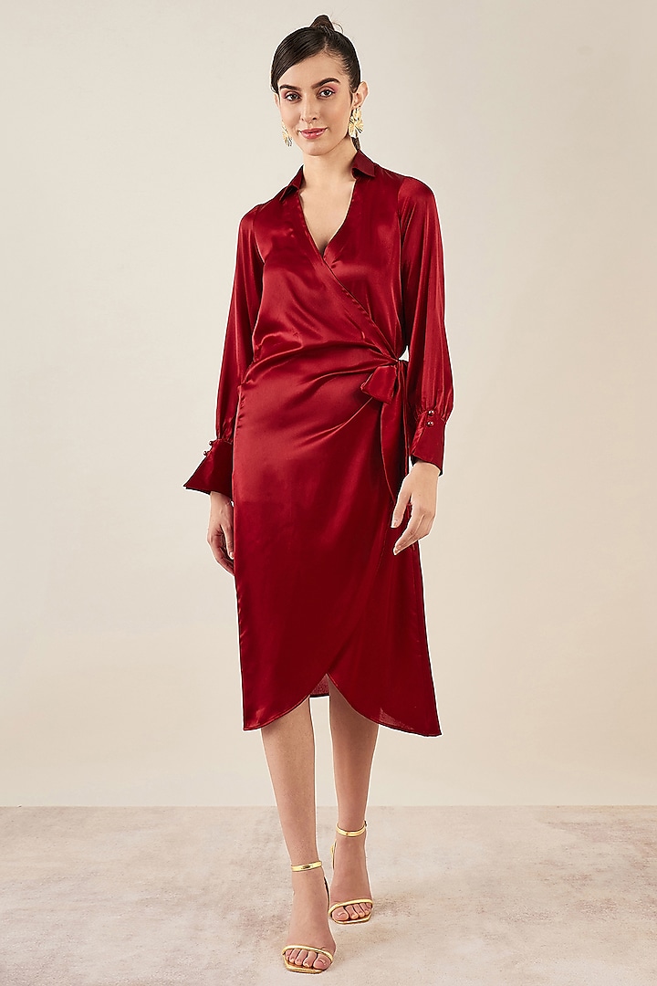 Maroon Satin Crystal Embellished Wrap Midi Dress by First Resort by Ramola Bachchan