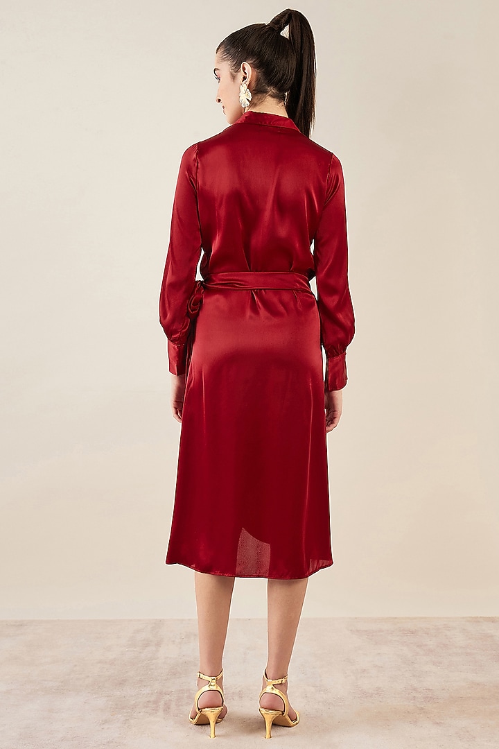 Maroon Satin Crystal Embellished Wrap Midi Summer Dress by First Resort by Ramola Bachchan at Pernia's Pop Up Shop
