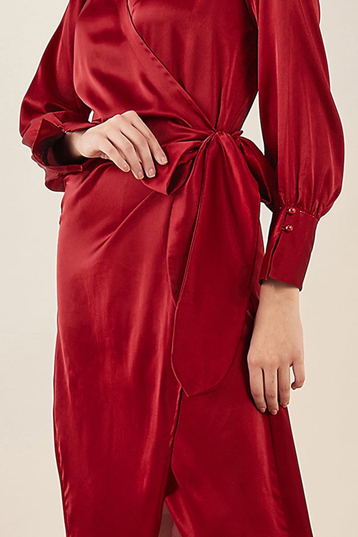 Maroon Satin Crystal Embellished Wrap Midi Summer Dress by First Resort by Ramola Bachchan at Pernia's Pop Up Shop